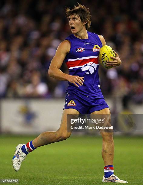 Ryan Griffen of the Bulldogs gathers the ball during the round six AFL match between the Western Bulldogs and the St Kilda Saints at Etihad Stadium...