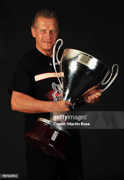 Hans Zach, head coach of Hannover Scorpions poses during a portrait session at TUI Arena on April 30, 2010 in Hanover, Germany.