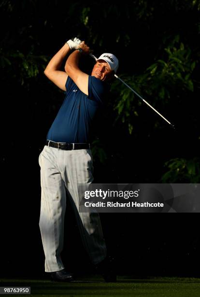 Phil Mickelson tee's off at the 12th during the second round of the Quail Hollow Championship at Quail Hollow Country Club on April 30, 2010 in...