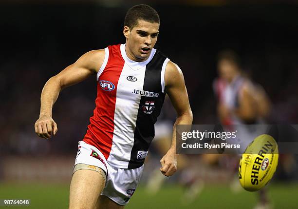 Leigh Montagna of the Saints chases the ball during the round six AFL match between the Western Bulldogs and the St Kilda Saints at Etihad Stadium on...