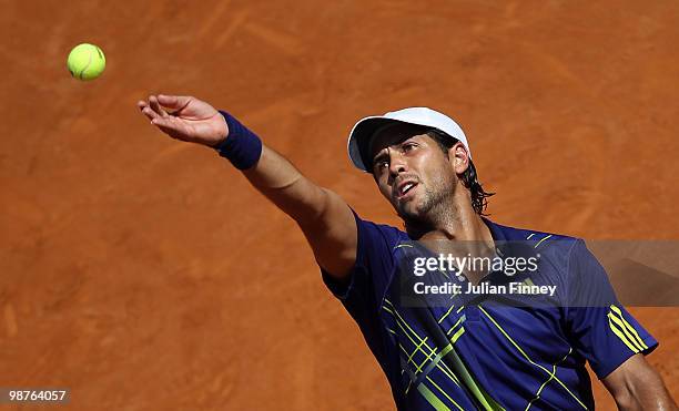 Fernando Verdasco of Spain serves to Novak Djokovic of Serbia during day six of the ATP Masters Series - Rome at the Foro Italico Tennis Centre on...