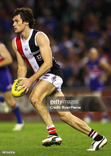 Farren Ray of the Saints looks upfield during the round six AFL match between the Western Bulldogs and the St Kilda Saints at Etihad Stadium on April...
