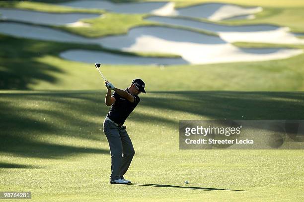 Zach Johnson hits his second shot on the 5th hole during the second round of the Quail Hollow Championship at Quail Hollow Country Club on April 30,...