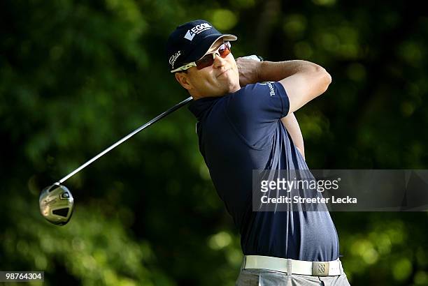 Zach Johnson watches his tee shot on the 5th hole during the second round of the Quail Hollow Championship at Quail Hollow Country Club on April 30,...