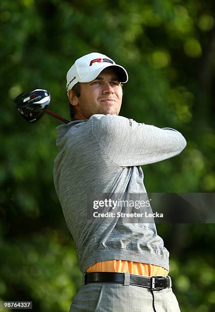 Sean O'Hair watches his tee shot on the 5th hole during the second round of the Quail Hollow Championship at Quail Hollow Country Club on April 30,...