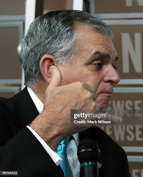 Transportation Secretary Ray LaHood participates in a rally on texting while during a rally at the Newseum on April 30, 2010 in Washington, DC. The...