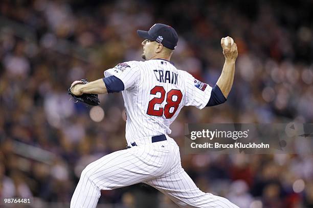 Jesse Crain of the Minnesota Twins pitches to the Cleveland Indians on April 21, 2010 at Target Field in Minneapolis, Minnesota. The Twins won 6-0.