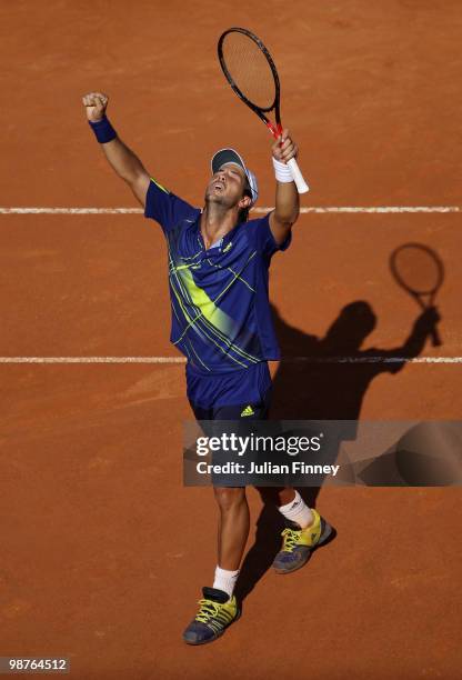 Fernando Verdasco of Spain celebrates defeating Novak Djokovic of Serbia during day six of the ATP Masters Series - Rome at the Foro Italico Tennis...