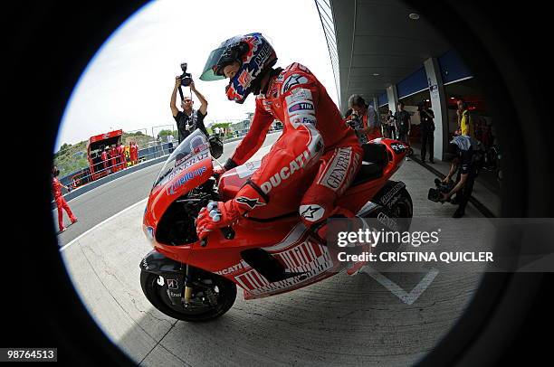 Ducati's US rider Nicky Hayden leaves the pits during a free practice session at Jerez de la Frontera's circuit on April 30, 2010. The Spanish Moto...