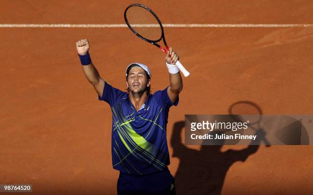 Fernando Verdasco of Spain celebrates defeating Novak Djokovic of Serbia during day six of the ATP Masters Series - Rome at the Foro Italico Tennis...