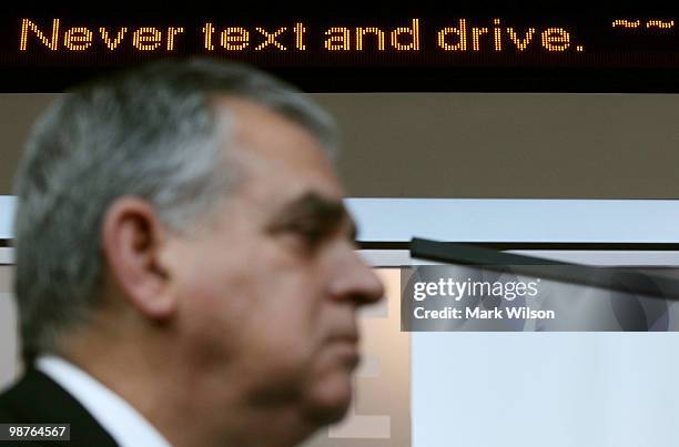 Transportation Secretary Ray LaHood participates in a rally on texting while during a rally at the Newseum on April 30, 2010 in Washington, DC. The...