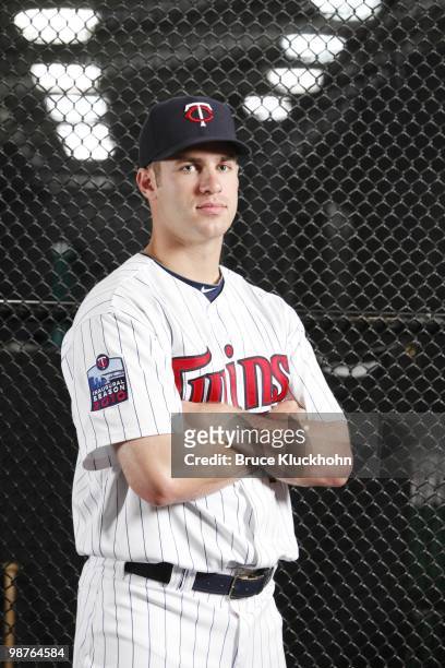 Joe Mauer of the Minnesota Twins poses near the batting cages prior to the game with the Cleveland Indians on April 21, 2010 at Target Field in...