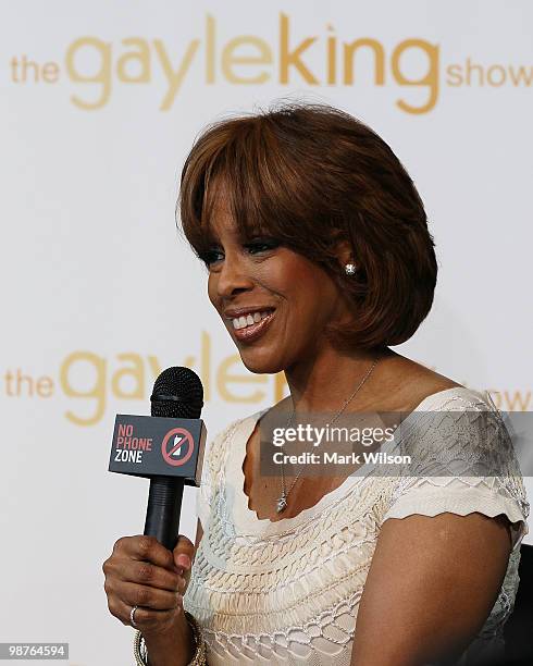 Talk show host Gayle King participates in a rally on cell phone use while driving, at the Newseum on April 30, 2010 in Washington, DC. The Oprah...