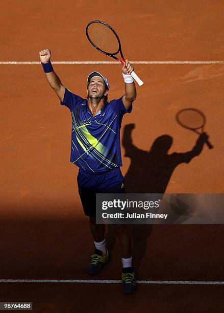 Fernando Verdasco of Spain celebrates defeating Novak Djokovic of Serbia during day six of the ATP Masters Series - Rome at the Foro Italico Tennis...