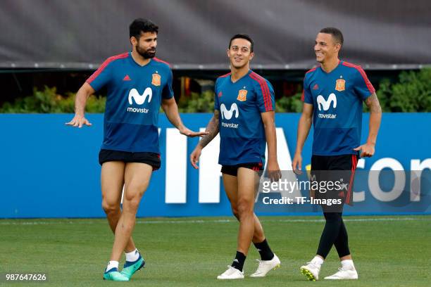 Diego Costa of Spain, Thiago Alcantara of Spain and Rodrigo Moreno of Spain laugh during a training session on June 27, 2018 in Krasnodar, Russia.