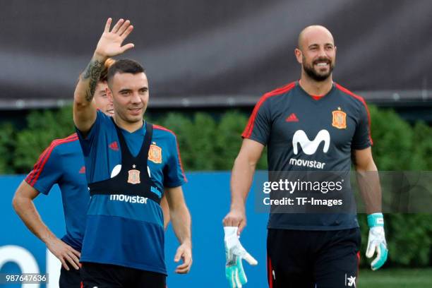 Iago Aspas of Spain and Pepe Reina of Spain laugh during a training session on June 27, 2018 in Krasnodar, Russia.