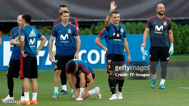 Iago Aspas of Spain, Nacho Monreal of Spain and Pepe Reina of Spain look on during a training session on June 27, 2018 in Krasnodar, Russia.