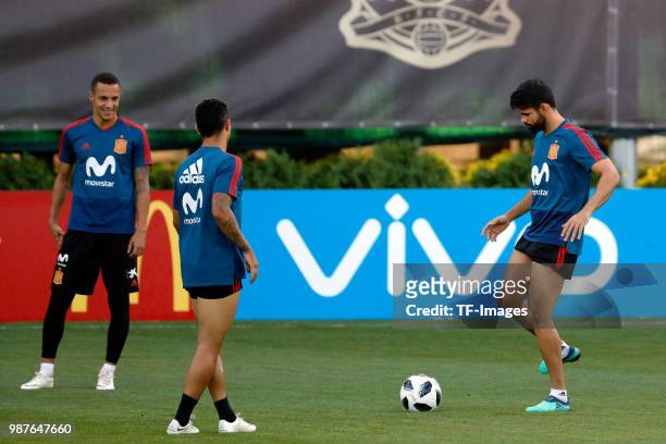 Rodrigo Moreno of Spain looks on and Diego Costa of Spain controls the ball during a training session on June 27, 2018 in Krasnodar, Russia.