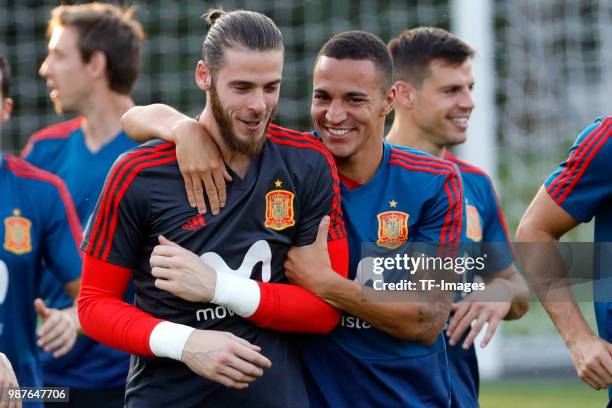 David De Gea of Spain and Rodrigo Moreno of Spain laugh during a training session on June 27, 2018 in Krasnodar, Russia.