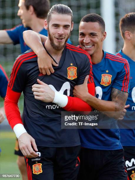 David De Gea of Spain and Rodrigo Moreno of Spain laugh during a training session on June 27, 2018 in Krasnodar, Russia.