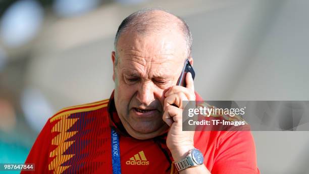 Supporter of Spain Manolo "el del bombo" looks on during a training session on June 27, 2018 in Krasnodar, Russia.