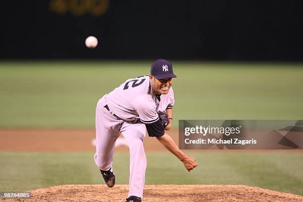 Mariano Rivera of the New York Yankees pitching during the game against the Oakland Athletics at the Oakland Coliseum on April 21, 2010 in Oakland,...