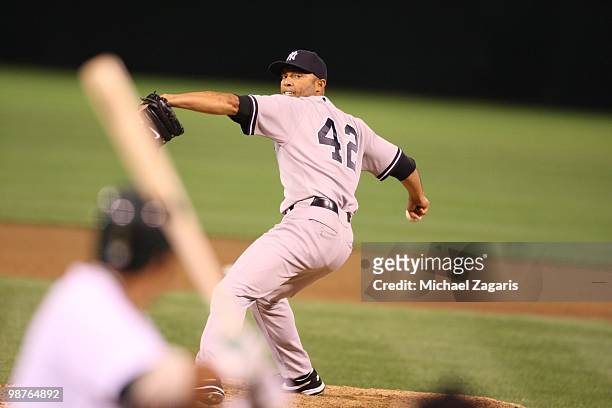 Mariano Rivera of the New York Yankees pitching during the game against the Oakland Athletics at the Oakland Coliseum on April 21, 2010 in Oakland,...