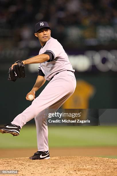 Mariano Rivera of the New York Yankees pitching during the game against the Oakland Athletics at the Oakland Coliseum on April 21, 2010 in Oakland,...