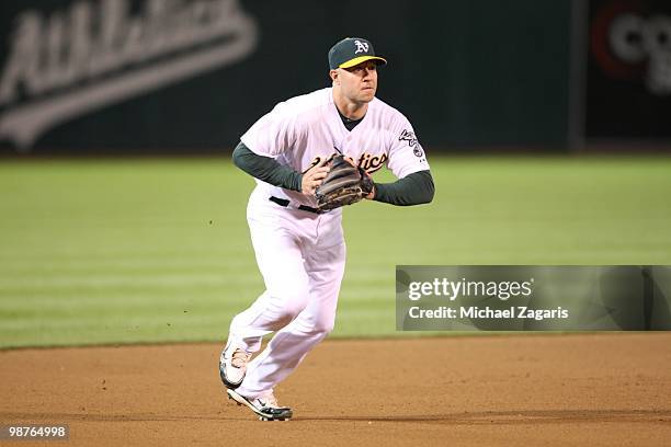 Kevin Kouzmanoff of the Oakland Athletics fielding during the game against the New York Yankees at the Oakland Coliseum on April 21, 2010 in Oakland,...