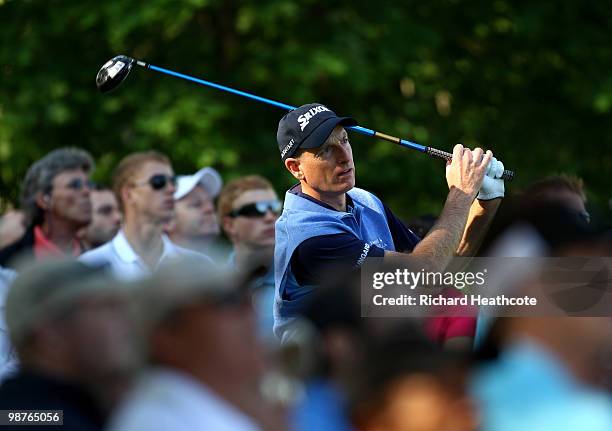 Jim Furyk tee's off at the 15th during the second round of the Quail Hollow Championship at Quail Hollow Country Club on April 30, 2010 in Charlotte,...