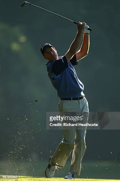 Jim Furyk plays into the 11th green during the second round of the Quail Hollow Championship at Quail Hollow Country Club on April 30, 2010 in...