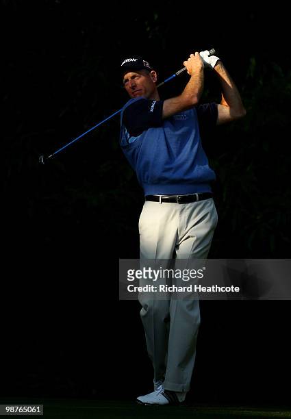 Jim Furyk tee's off at the 12th during the second round of the Quail Hollow Championship at Quail Hollow Country Club on April 30, 2010 in Charlotte,...