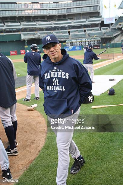 Manager Joe Girardi of the New York Yankees standing on the field prior to the game against the Oakland Athletics at the Oakland Coliseum on April...