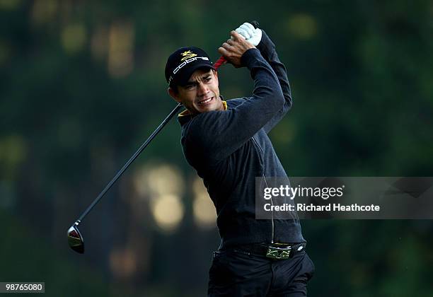 Camilo Villegas of Colombia plays into the 10th green during the second round of the Quail Hollow Championship at Quail Hollow Country Club on April...