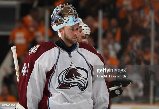 Craig Anderson of the Colorado Avalanche skates to the bench against the San Jose Sharks in Game Five of the Western Conference Quarterfinals during...
