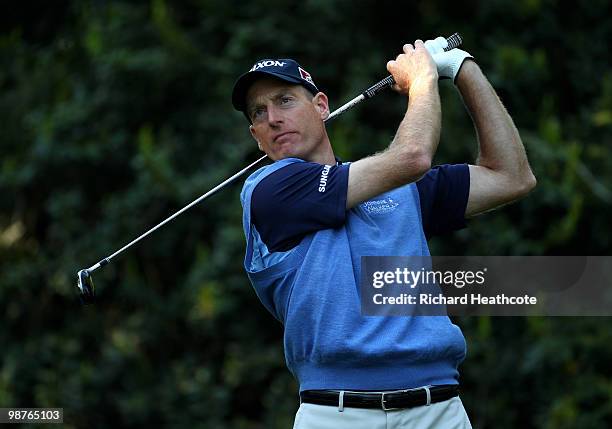 Jim Furyk tee's off at the 14th during the second round of the Quail Hollow Championship at Quail Hollow Country Club on April 30, 2010 in Charlotte,...