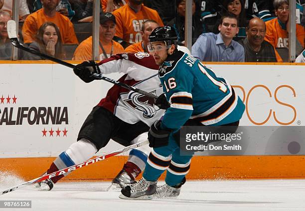 Devin Setoguchi of the San Jose Sharks stops against the Colorado Avalanche in Game Five of the Western Conference Quarterfinals during the 2010 NHL...
