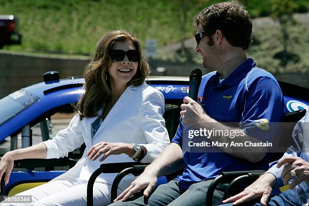 Dale Earnhardt Jr., co-owner of JR Motorsports, with Teresa Earnhardt, President and CEO Dale Earnhardt Inc., answer questions after the unveiling of...