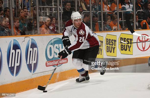 Paul Stastny of the Colorado Avalanche handles the puck against the San Jose Sharks in Game Five of the Western Conference Quarterfinals during the...