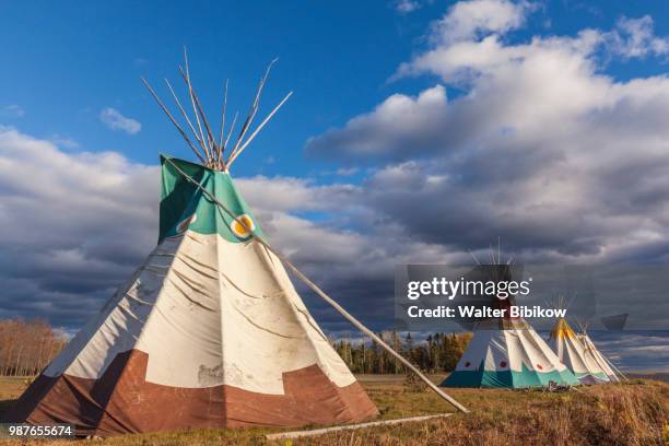quebec, gaspe peninsula, gesgapegiag, mic-mac first nations tee-pees - tipi stock pictures, royalty-free photos & images