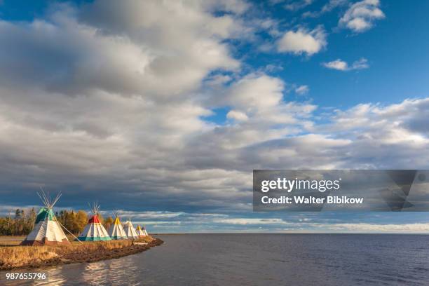quebec, gaspe peninsula, gesgapegiag, mic-mac first nations tee-pees - gaspe peninsula stock pictures, royalty-free photos & images