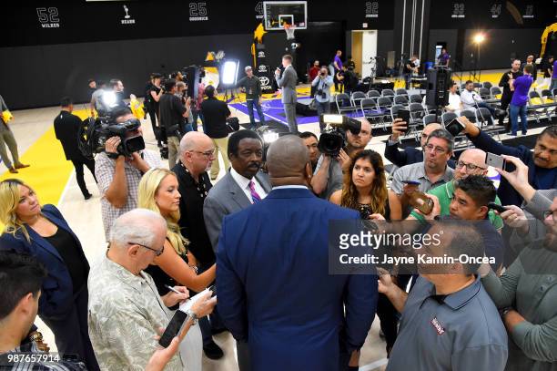 President of basketball operations Magic Johnson answers question from the media during a press conference to introduce the team's 2018 NBA draft...