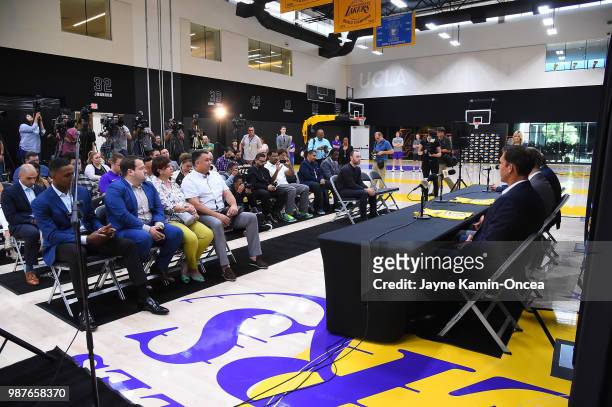 General view of the Los Angeles Lakers press conference to introduce 2018 NBA draft picks, Moritz Wagner and Sviatoslav Mykhailiuk to the media at...