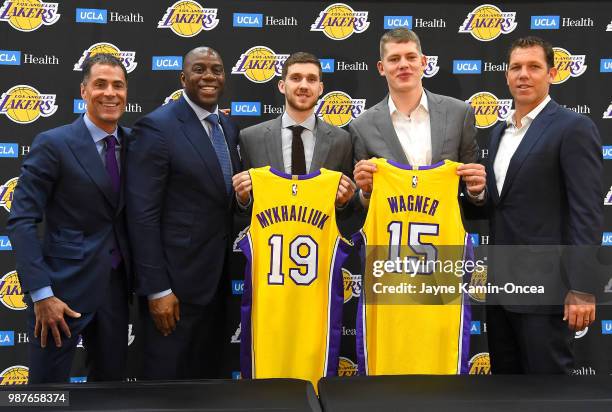 General manager Rob Pelinka, president of basketball operations Magic Johnson, , 2018 NBA draft picks, Moritz Wagner and Sviatoslav Mykhailiuk and...