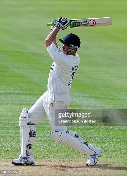 Neil Carter of Warwickshire plays a shot during the LV County Championship match between Warwickshire and Hampshire at Edgbaston on April 30, 2010 in...