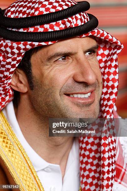 Goodwill Ambassador Luis Figo, dressed in traditional Jordanian arab clothing, sits in a tent during his visit to al-Noor hospital on April 30, 2010...