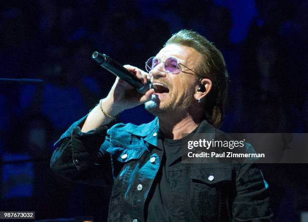 Bono of U2 performs onstage during the eXPERIENCE + iNNOCENCE TOUR at Prudential Center on June 29, 2018 in Newark, New Jersey.