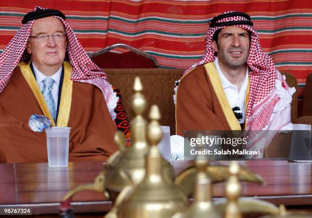 Goodwill Ambassador Luis Figo, dressed in traditional Jordanian arab clothing, sits in a tent during his visit to al-Noor hospital on April 30, 2010...