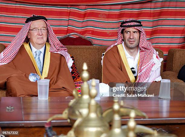 Goodwill Ambassador Luis Figo, dressed in traditional Jordanian arab clothing, sits in a tent during his visit to al-Noor hospital on April 30, 2010...