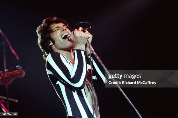 Freddie Mercury of Queen performs live at The Oakland Coliseum in 1977 in Oakland, California.